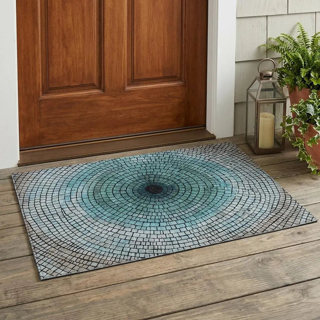3' X 5' Teal Blue And Gray Geometric Washable Indoor Outdoor Area Rug Homeroots Outdoor